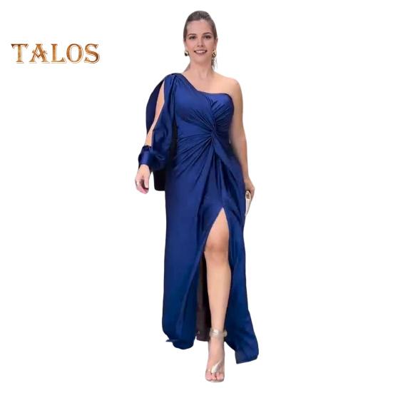 Lady Evening Dress One Shoulder Single Open Sleeve Split Hem Solid Color Slim Waist Pleated Knot Decor Solid Color Prom Cocktail Party Maxi Dress