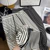 Women's High Waist Black & White Striped Wide Leg Terry Pants