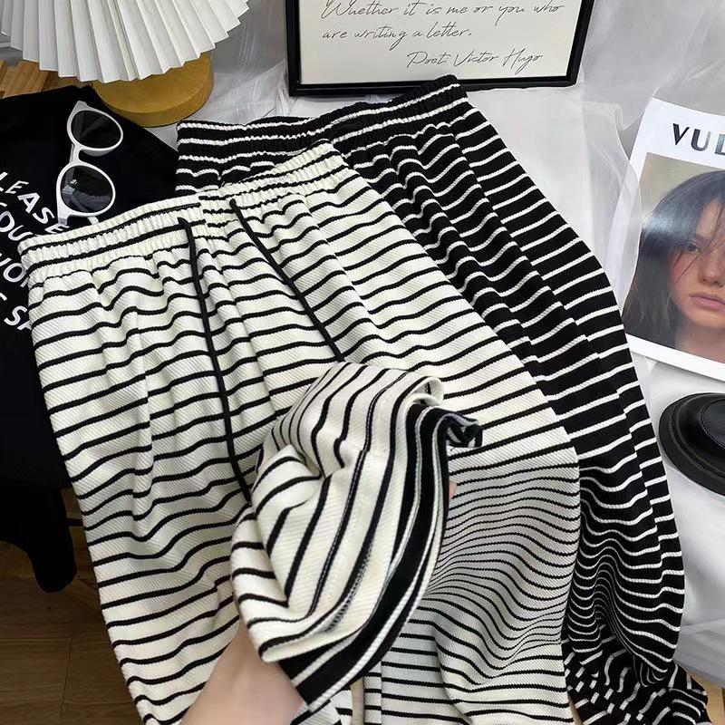 Women's High Waist Black & White Striped Wide Leg Terry Pants