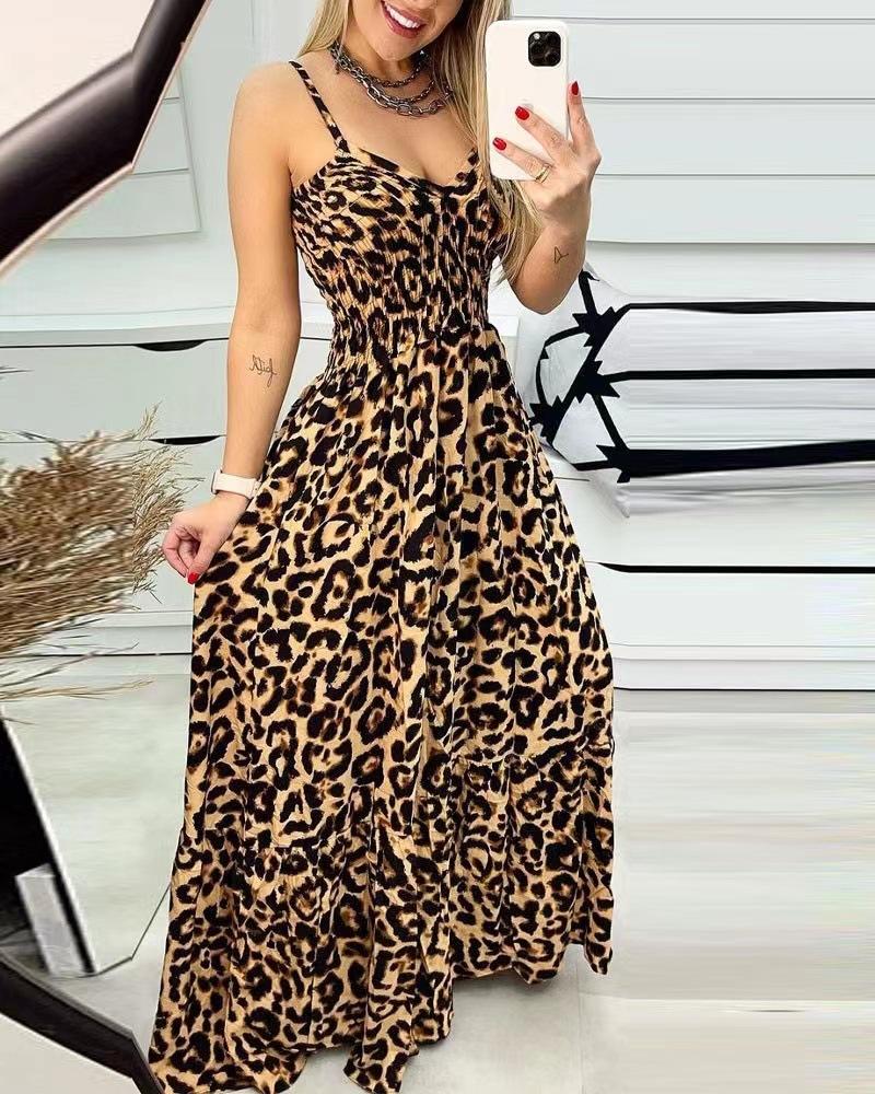 European and American summer new leopard print suspender V-neck dress, high waist skirt, sexy temperament fashion long dress women's clothing