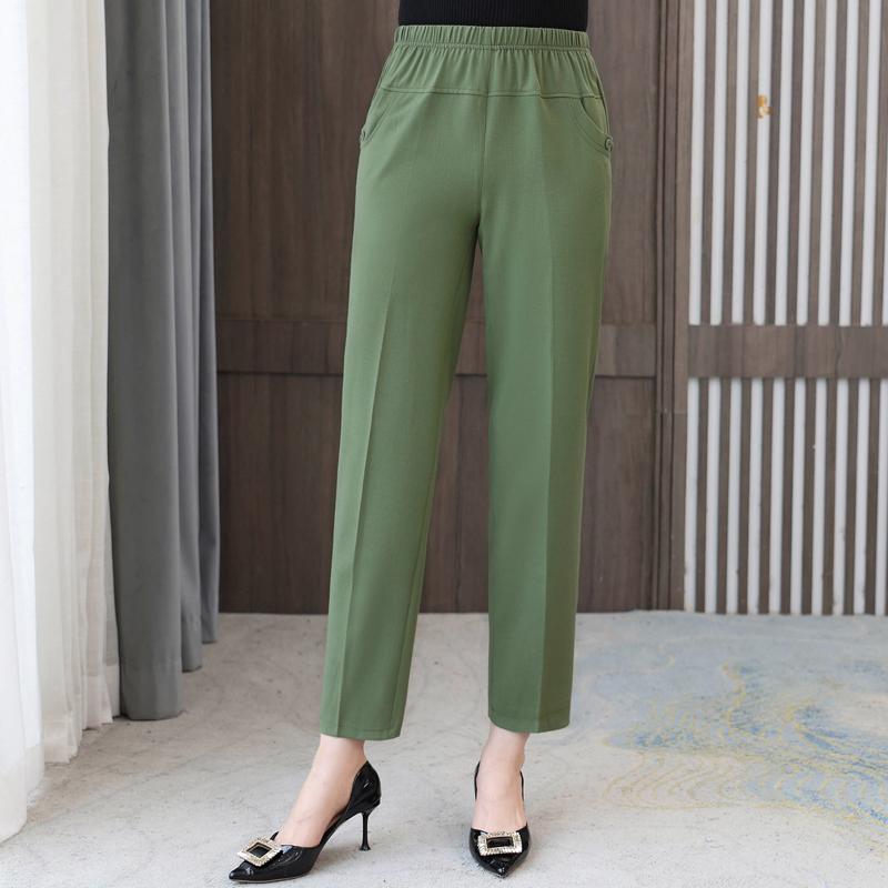 Summer High Waist Straight Pants for Women Plus Size Classic Elastic Waist Cotton Linen Trousers