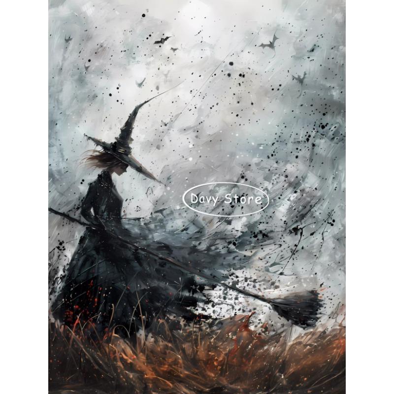 Vintage Witch Black Cat Dark Academia Poster Print Canvas Painting Halloween Witchy Wall Art Picture Gothic Room Home Decor