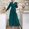 Women Slim Pleated Maxi Dress with Belt Female Streetwear Vintage Dress Tie Front Dress  Robe