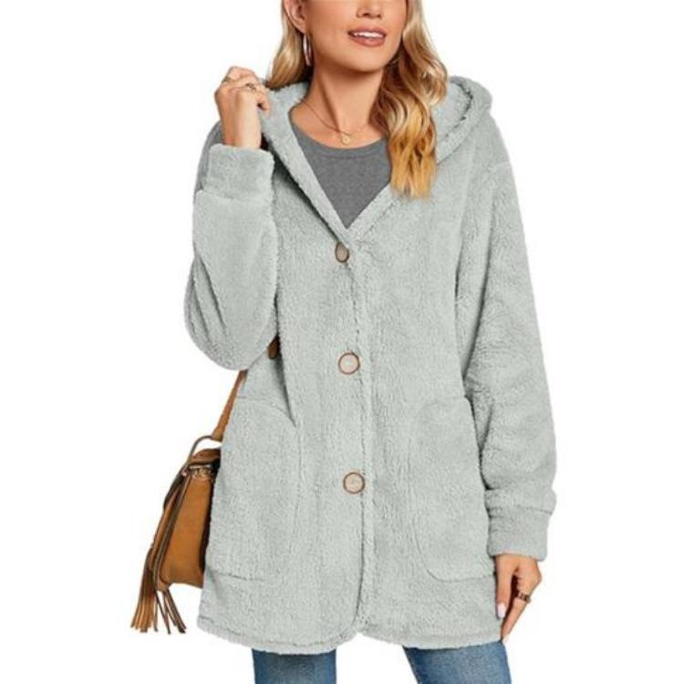 Manteau Long Décontracté en Polaire pour Femme Veste à Capuche Sherpa Oversize avec Poches Bouton Duvet Vêtement d'Extérieur Moelleux