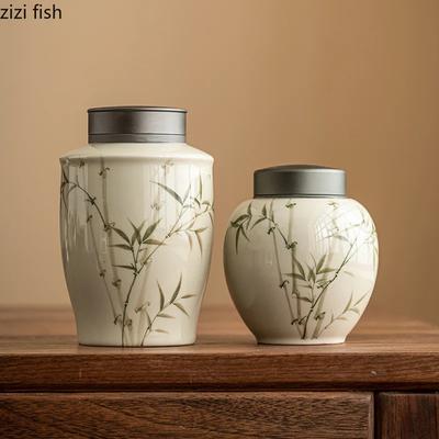 Hand Drawn Bamboo Leaf Ceramic Tea Can Alloy Lid Moisture-proof Sealed Jar Black Tea Box Candy Jar Household Tea Storage Jar