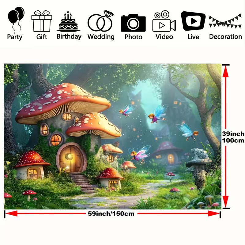2D Enchanted Forest Fairy Tapestry, Magical Mushroom House Wall Hanging for Aesthetic Room Decoration