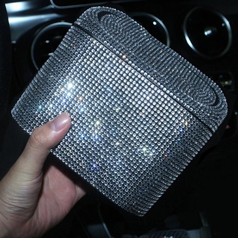 Luxury Bling Rhinestone Car Trash Bin Hanging Garbage Dust Case Storage Box Pressing Type Trash Can Auto Interior Accessories