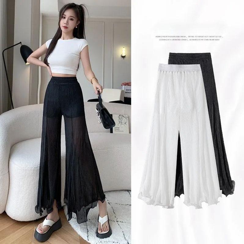 Weiße Netzhose mit weitem Bein für Damen, ausgestellte Hose mit Rüschen, elastischer Bund, Plissierte, klimatisierte Hose, Tanzhose für den Sommer
