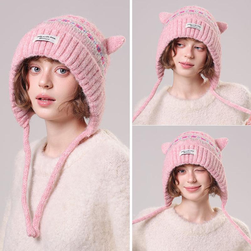 Autumn Winter Cartoon Cat Ears Knitted Hat for Women's Outdoor Wool Hat