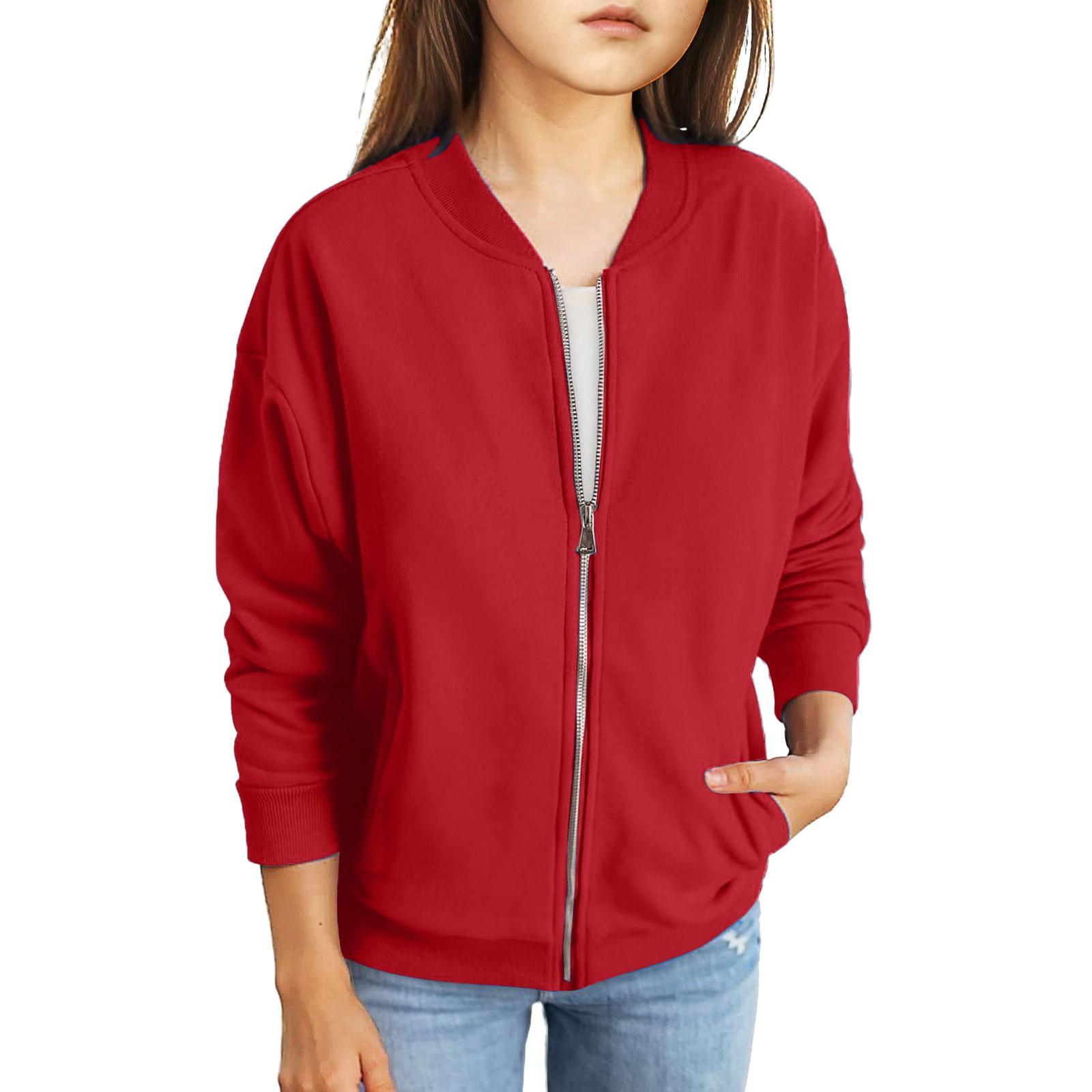 

Куртки на молнии для девочек, детские осенние толстовки с длинными рукавами, верхняя одежда с карманами 5-15 лет 140 красный