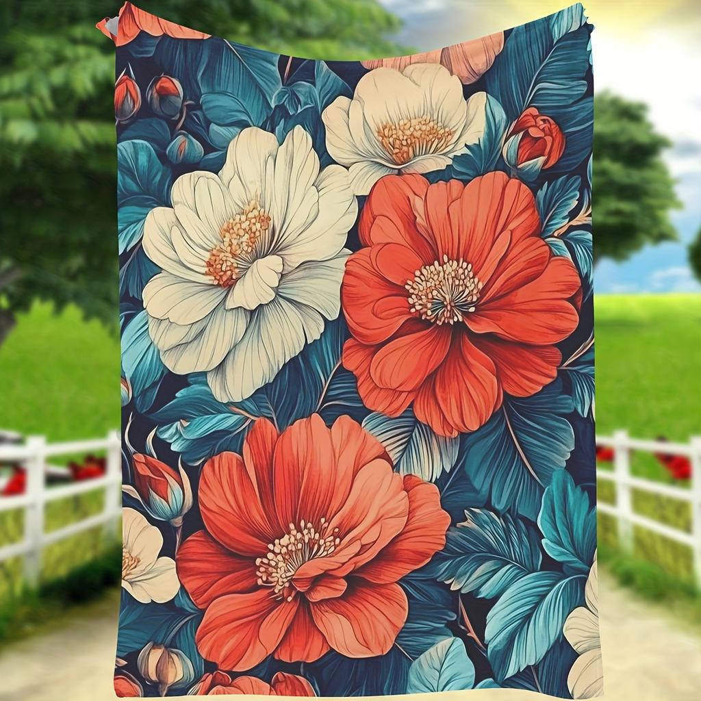 1pc Floral Print Flannel Blanket, Soft Polyester Fiber Throw for Home Decor, Outdoor Activities, Valentine's, Christmas, Thanksg