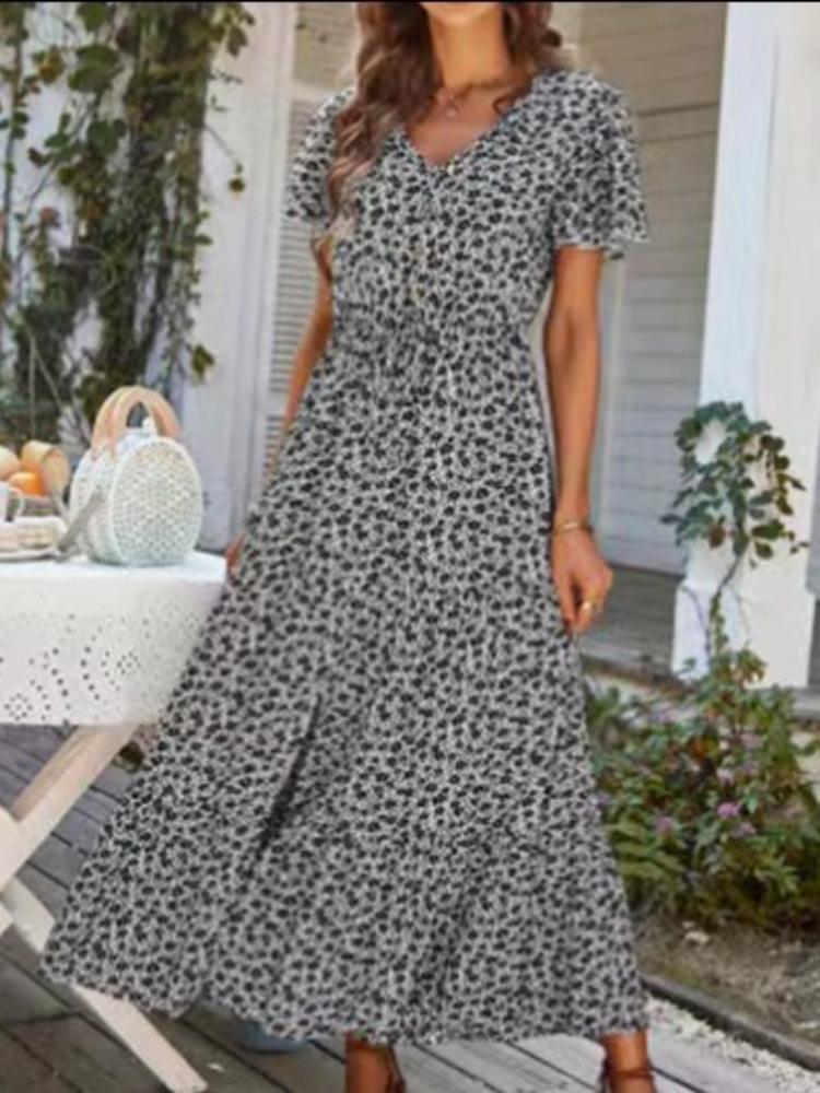 

V-Neck Floral Print Summer Dress with Side Slit, Short Sleeve Wrap Dress for Women, Casual A-Line Midi Dress XL чорний