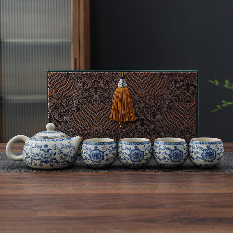 Ru Kiln Ceramic Tea Set with Scrolling Lotus Design