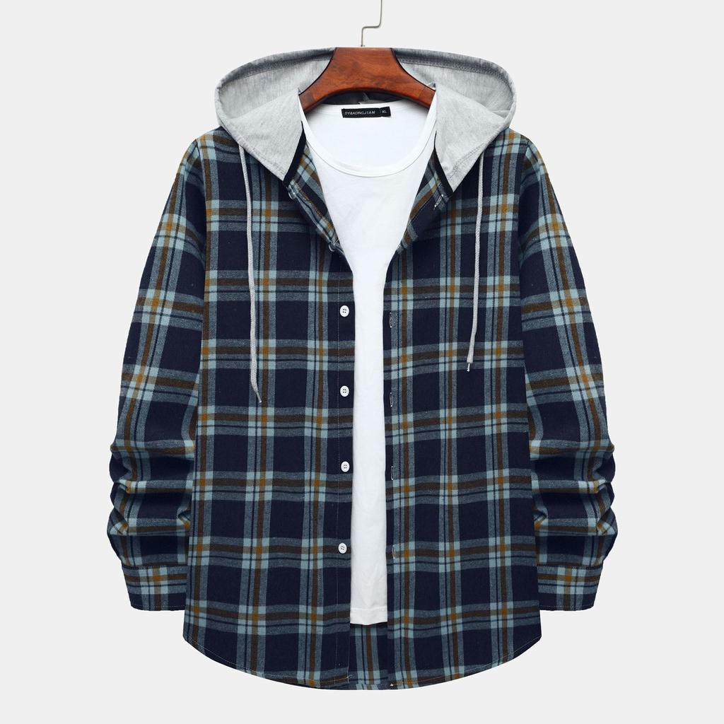 Autumn New Men's Casual Fashion Couple Hooded Plaid Long Sleeve Shirt Trend