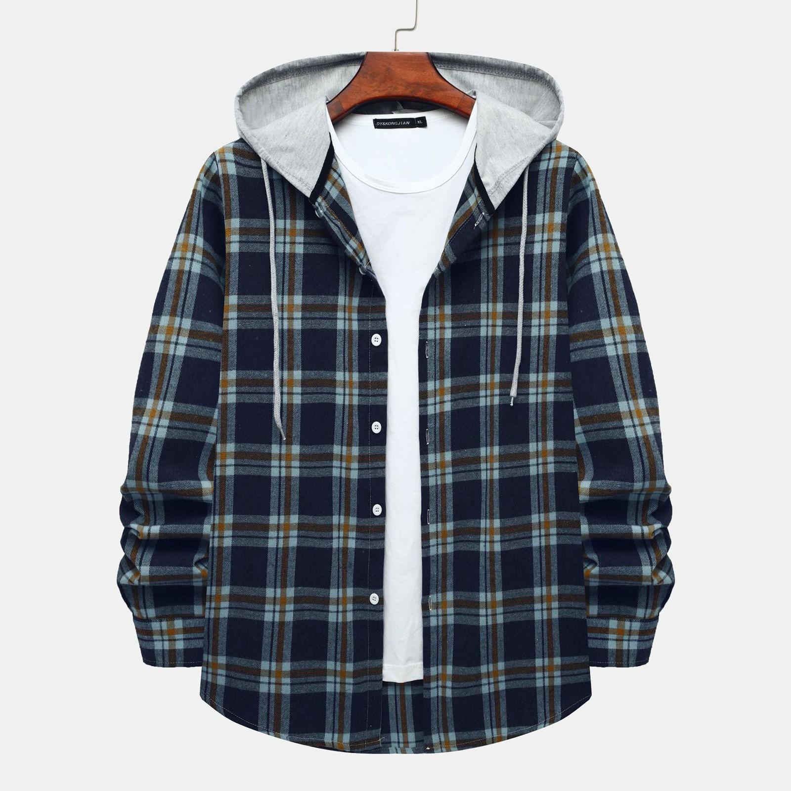 

New Men s Casual Fashion Couple Hooded Plaid Long Sleeve Shirt Trend L синій