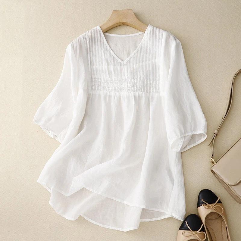 Women V Neck Pleated Bubble Half Sleeve Linen Cotton Blend Blouse M белый
