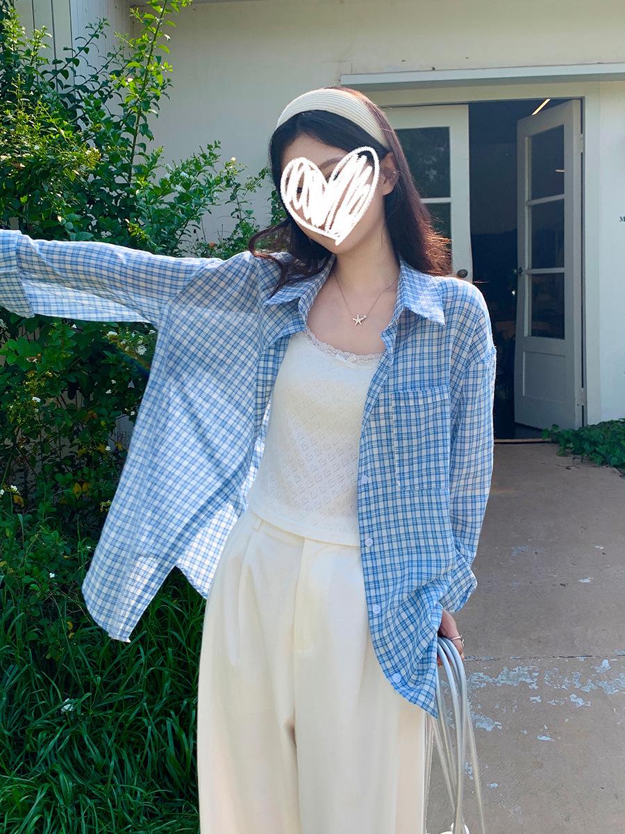 Design sense blue plaid long-sleeved shirt women s summer new commuter versatile loose loose top One size fits all