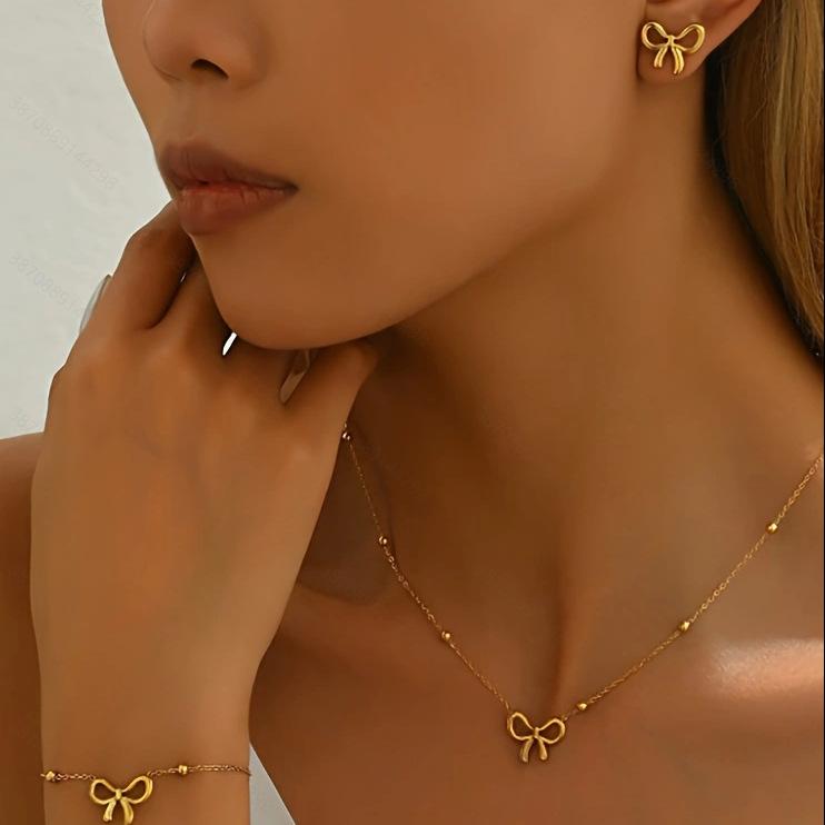 Stainless Steel Bowknot Jewelry Set Tarnish Free, Women's 3pcs Necklace Bracelet Stud Earrings, Beaded Chain Minimalist Jewelry