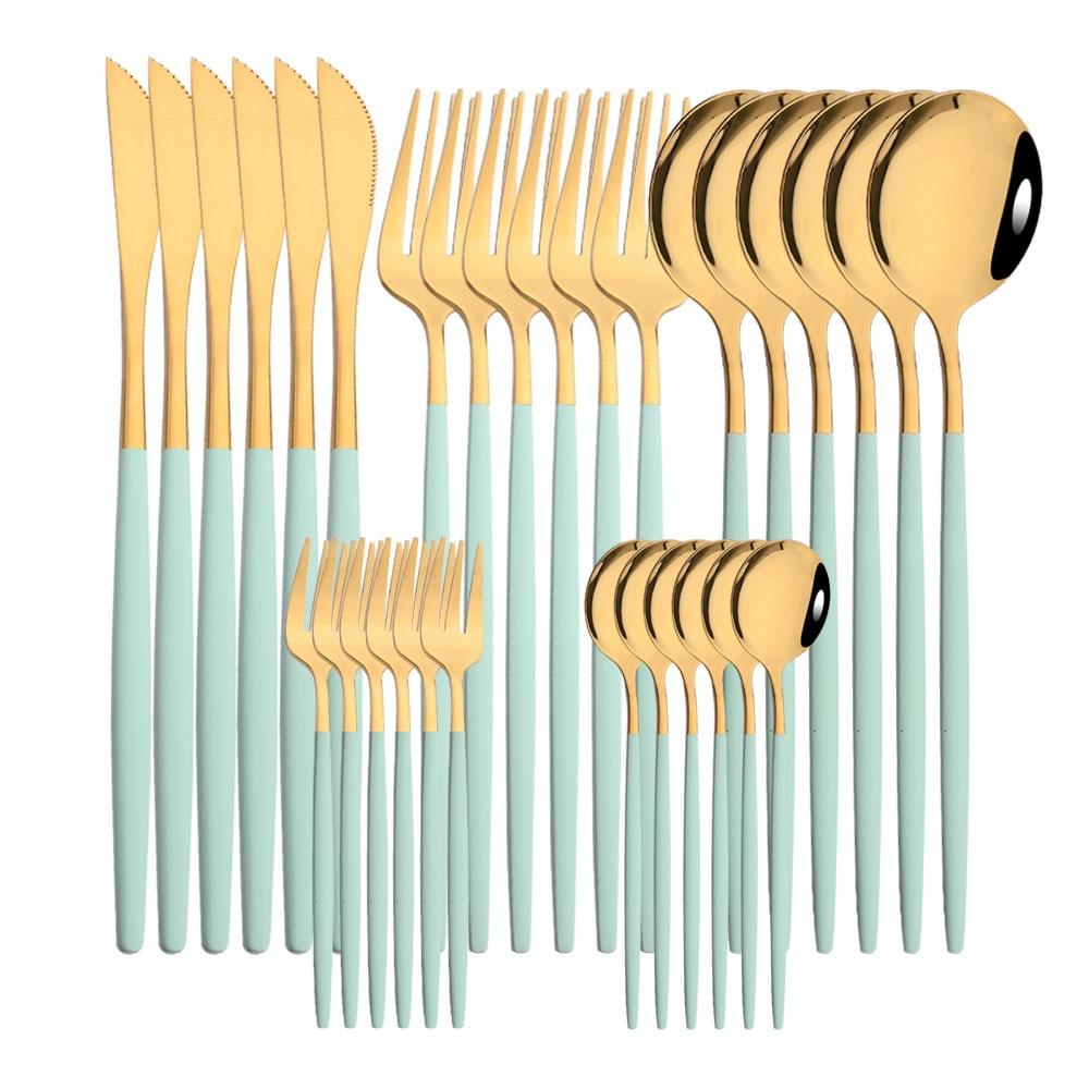 30pcs Gold Dinnerware Set Stainless Steel Dinner Knife Fork Coffee Spoon Teaspoon Flatware Dishwasher Safe Kitchen Tableware Set