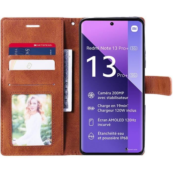 Coque et 2 Verres Trempés pour Xiaomi Redmi Note 13 Pro+ 5G - Note 13 Pro Plus 5G, Protection Cuir PU Marron
