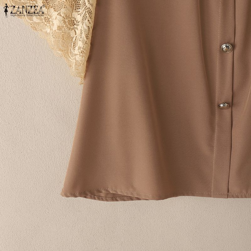 ZANZEA Women Casual Round Neck Lace Splice Short Sleeve Blouse Summer