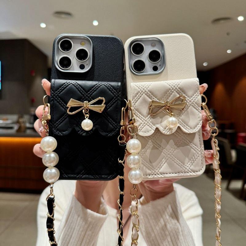 European and American Style for OPPO Reno13 Mobile Phone Case Luxury Pearl Pendant Card Bag A78 Crossbody Strap Leather Pattern