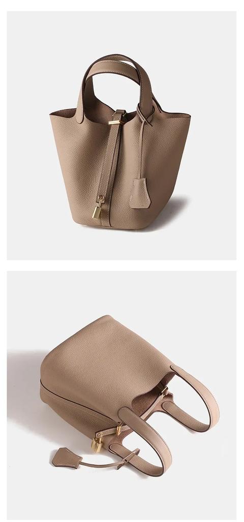 2025 Large Capacity Genuine Leather Commuter Handbag - Lychee Pattern Cowhide Bucket Bag