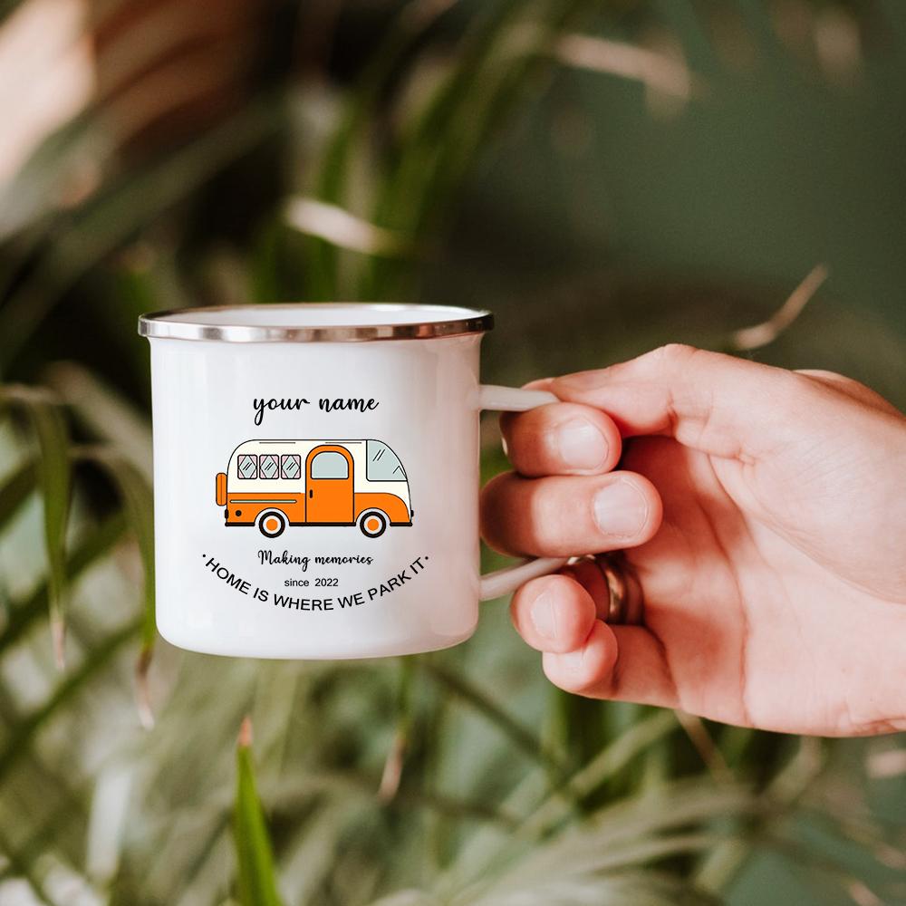 Campervan Enamel Coffee Mugs Couple Travel Name Custom Cups His and Hers Retro Caravan Personalised Camper Van Gifts Present