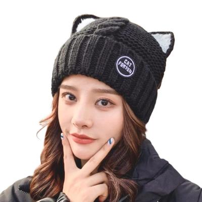 [KAB-MARRON] Gorro de Tricô Feminino, Orelhas de Gato, Chapéu Estilo Coreano, Algodão, Tricô em Ponto Trançado, OutonoInverno (Preto)