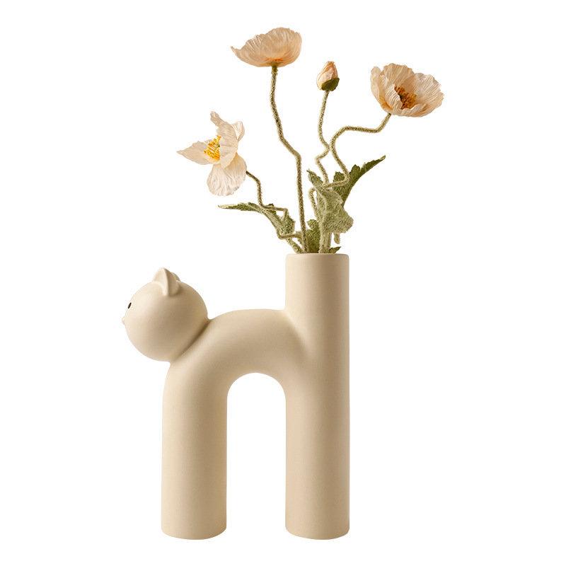 Cat head H-shaped Tube Vase Cute Cat ceramics Vase Flower Arrangement Hydroponics Home Decoration Vases Pots