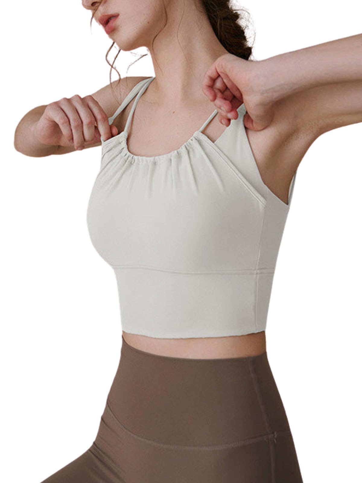 

Undigi Многослойный нежный топ-бра для популярных и чашки с подушечками (S, Экрю) Женская одежда для йоги/пилатеса, Стильная, Милая, Не перекручивается