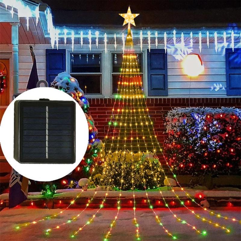 1PC 2m Warm/colorful Solar Powered Christmas Tree Fairy Lights Top with A Star for Christmas Tree Night Party Atmosphere Decor