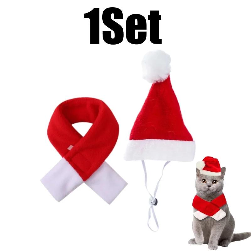 Christmas Hat Scarf Cute Small Dogs Cat Beanie Hat Pet Puppy Adjustable Santaa Hat Xmas Costume Outfit Set for Party Photo Props
