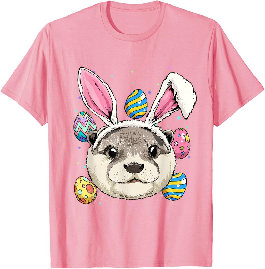 Otter Bunny Easter Eggs Graphic Tee Men Casual Vacation Trip Animal Lover T-Shirt