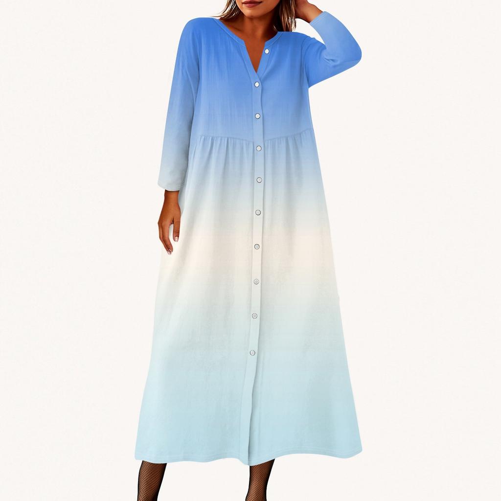 Damen Modisches Bedrucktes Rundhals Siebenviertelarm Knopf Lockeres Hemdkleid