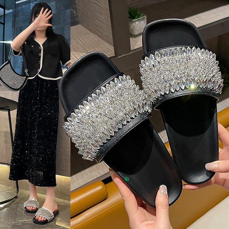 

[Youshilai] 2025 summer new comfortable soft bottom one-pedal bright diamond versatile open-toe one-word sandals 35