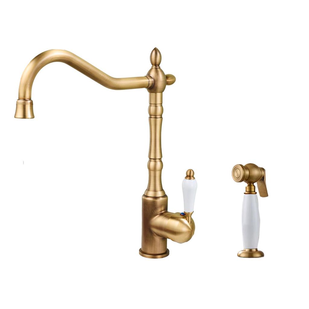 Antique Gold All-Copper 3-in-1 Kitchen Faucet: Hot/Cold Water for Sink & Vegetable Wash Basin, Splash-Proof Design