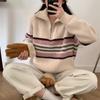 Autumn and winter new retro striped knitted jumper women's half zipper contrasting color loose casual college style sweater