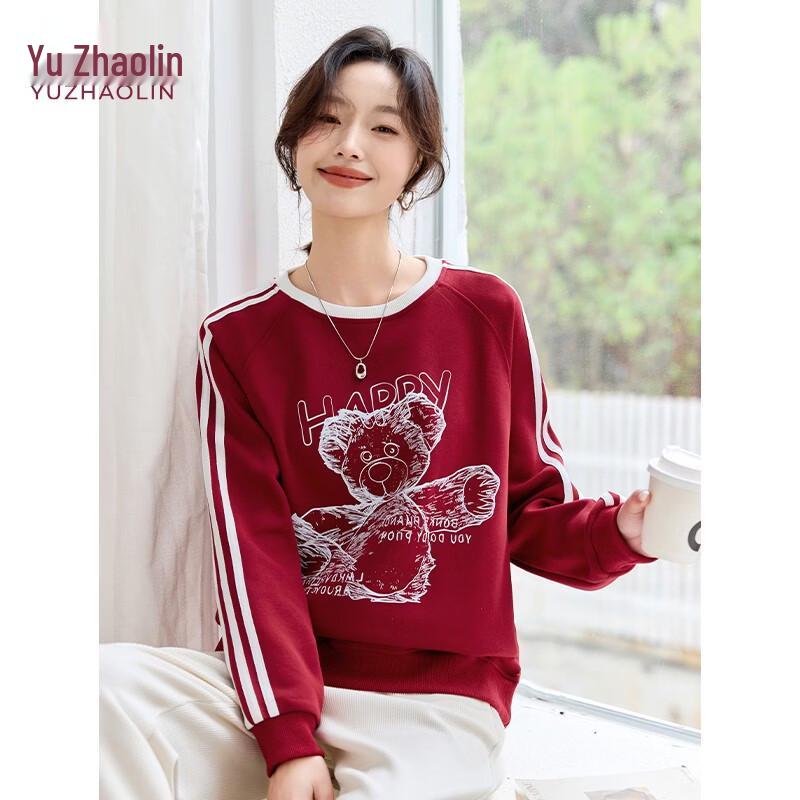 Yuzhaolin Women s Bear Print Striped Color Block Round Neck Sweatshirt M