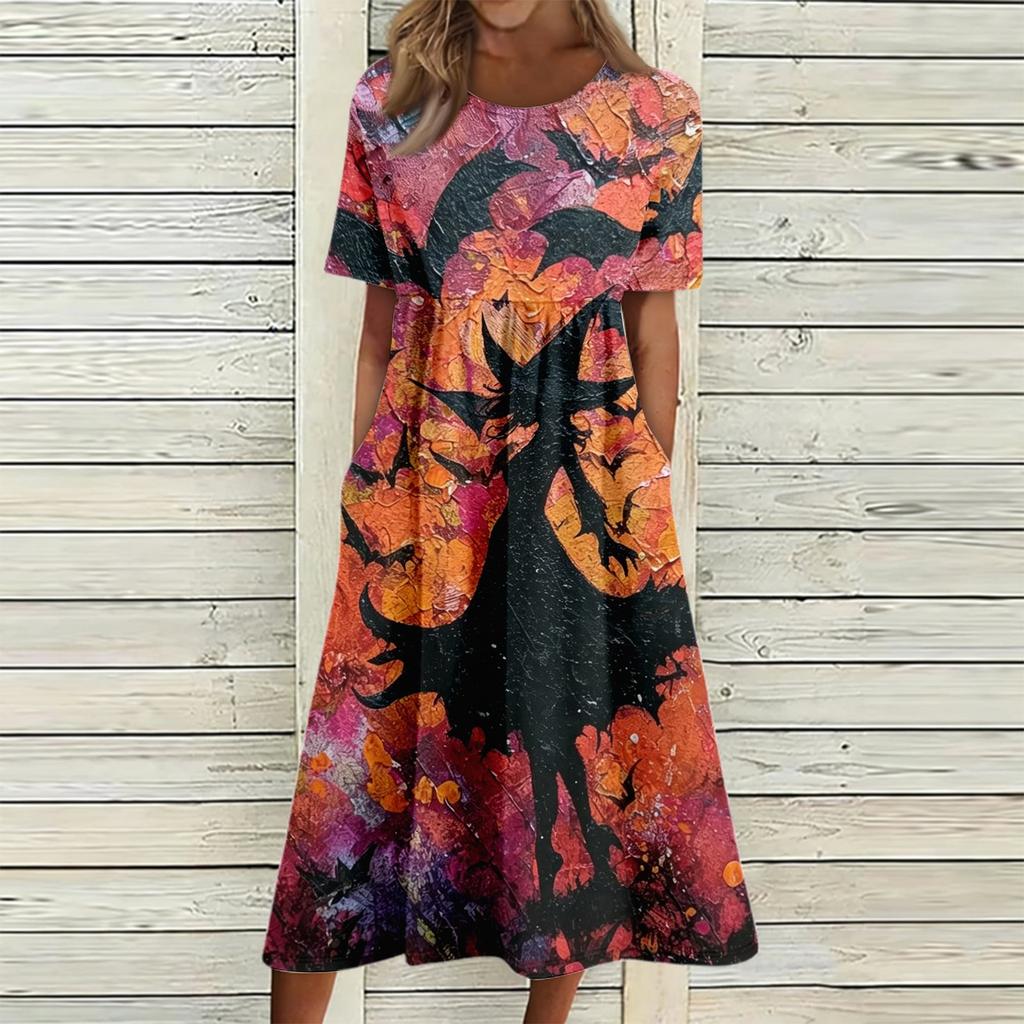 Women's Casual Halloween Print Patchwork Dress Short Sleeve Round Neck Pocket Midi Dress Loose Fit Comfortable Everyday Wear