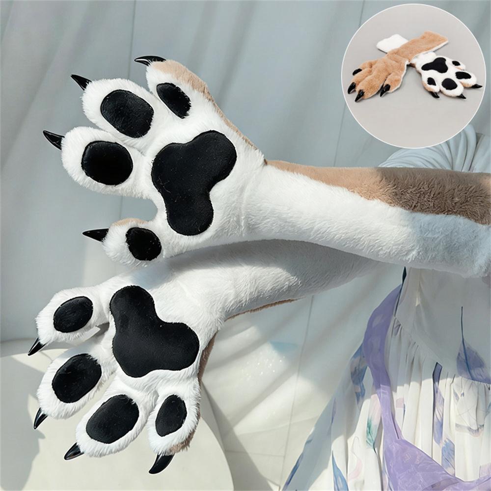 8 Kleuren Fursuit Poot Handschoenen Met Pieper, Anime 4-Vinger Dier Klauw Wanten Met Hars Nagels & Pluche Kussentjes Voor Kig Cosplay 1 Pair white