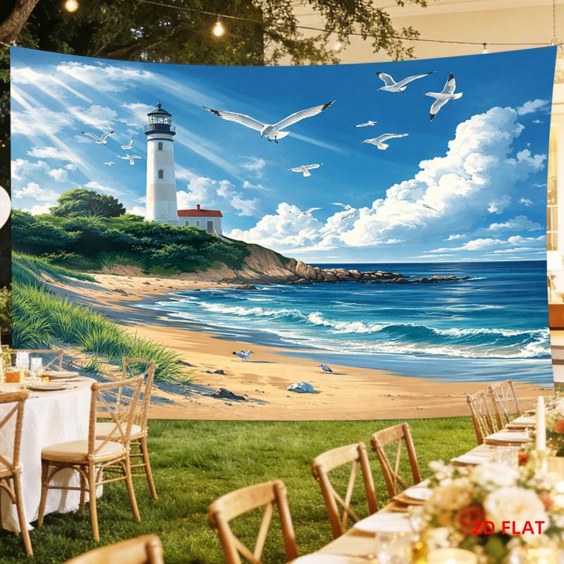 1pc, 2D flat, banner with design of lighthouse, beach, and seagulls, suitable for living room, meditation, and party decorations