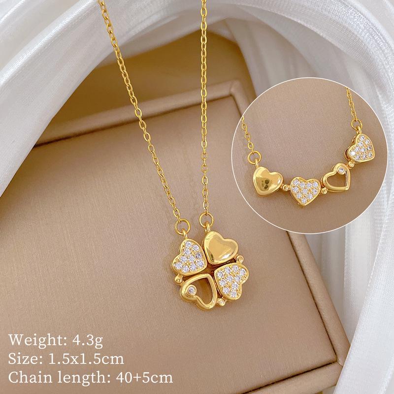 Versatile Titanium Steel Women's Necklace: Heart-to-Heart Two-Way Four-Leaf Clover Clavicle Chain with Full Diamonds
