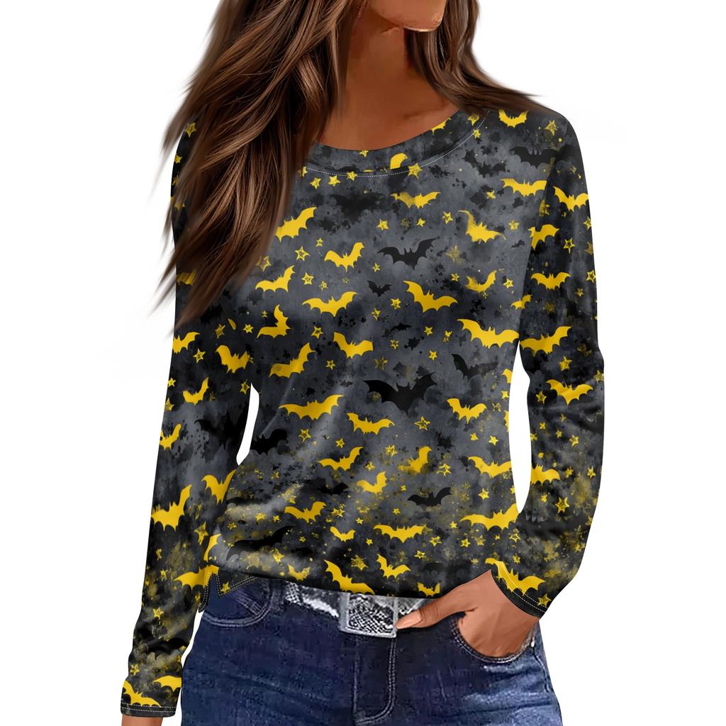 Women's Halloween Print Long Sleeve Top with Side Slit Round Neck for Casual Everyday Wear