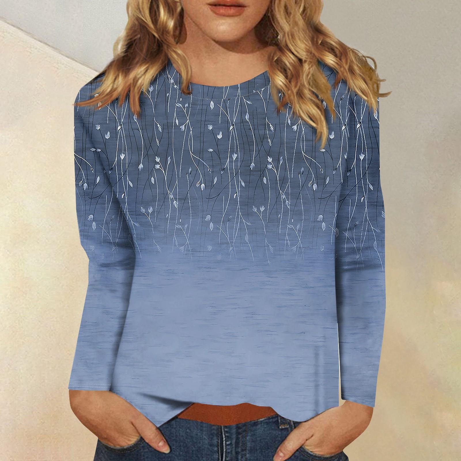 

Женская модная повседневная футболка с круглым вырезом и длинным рукавом с принтом, топ L синий
