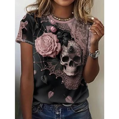 Women's Stylish Spring & Summer T-Shirt - Enchanting Floral & Skull Design - Comfortable Short Sleeve, Crew Neck Top - Perfect for Casual Wear