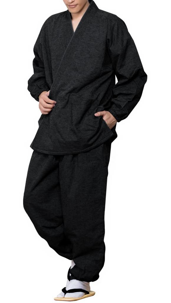 Kyoetsu Men's Winter Samue, Padded, Tsumugi-Style Fabric with Fleece Lining, Size 16 (M, Black)