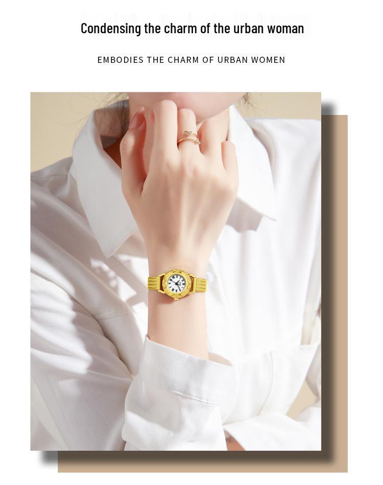 Gedi Retro Geprägte Goldene Uhr mit Weizenähren-Armband - Elegante Damen-Quarzuhr