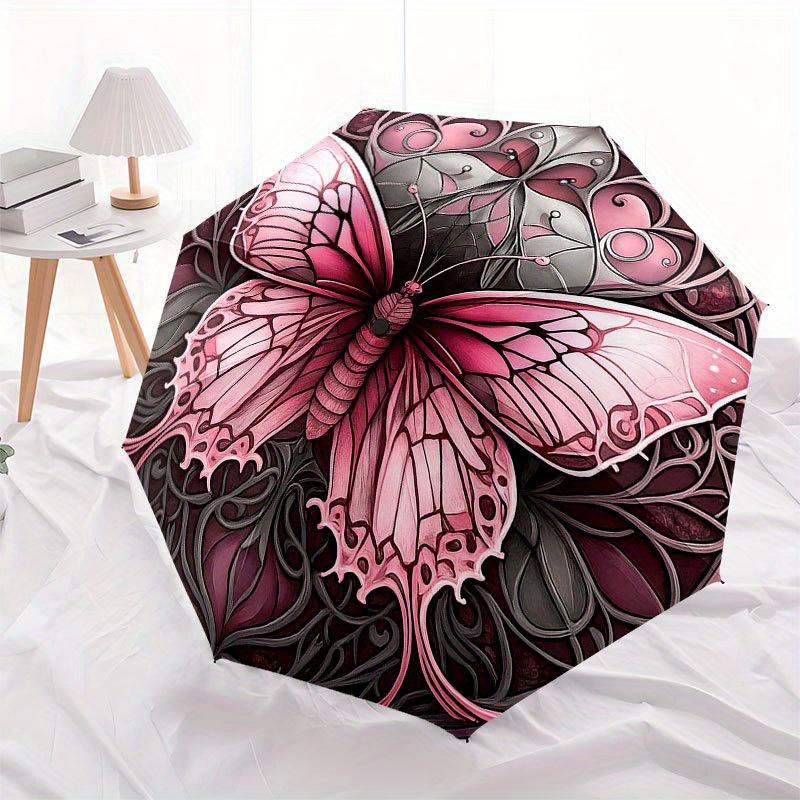 Stunning Pink Butterfly Stained Cute Wall Art Umbrella, Cute Umbrella with Cute Design, Portable 3-Fold Compact Umbrella for Men & Women, Valentine's