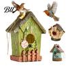 Waterproof Birdhouse Garden Bird House Spacious Hole Hand-Painted Resin Outdoor Hut Style Hanging Sunproof for Bluebird Hummingbird Wren Finch